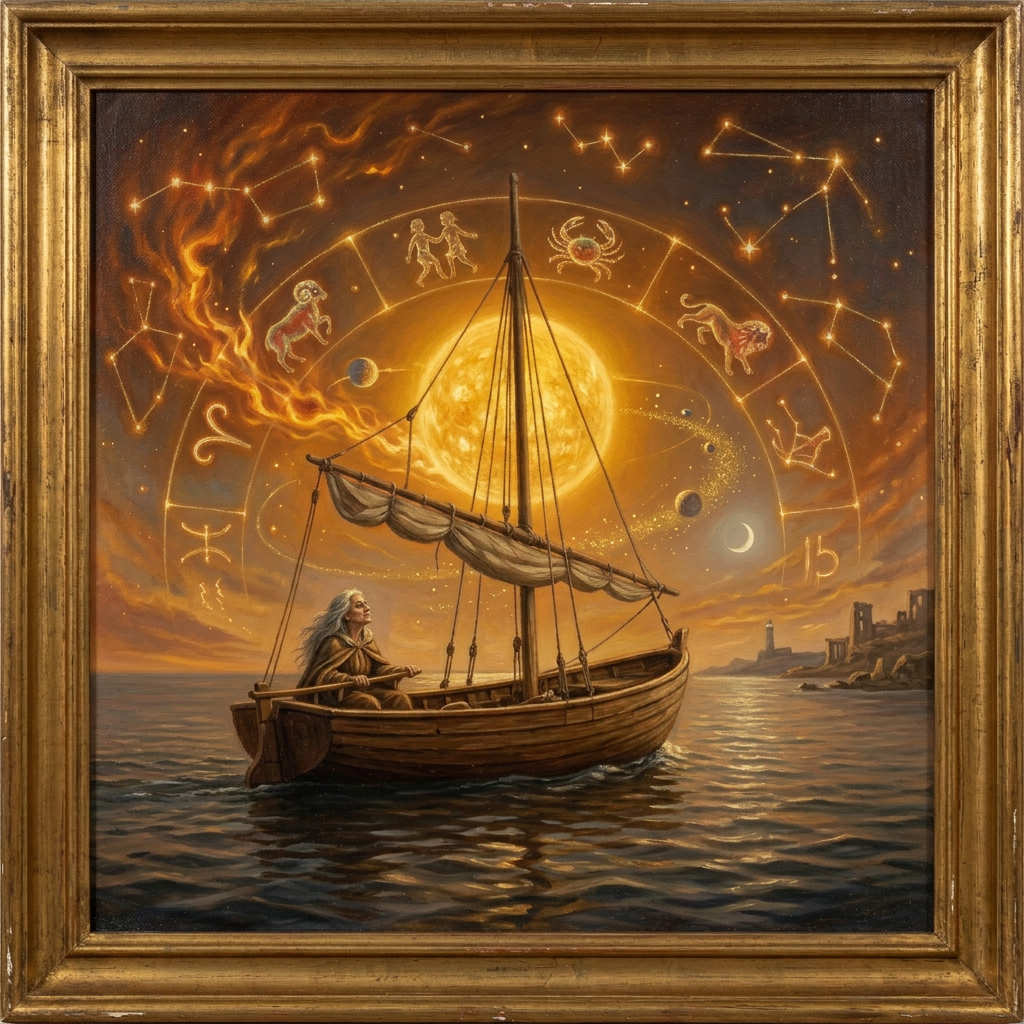Astrological Voyage Beneath a Starry Sky Sailor in a wooden boat beneath glowing zodiac symbols and stars